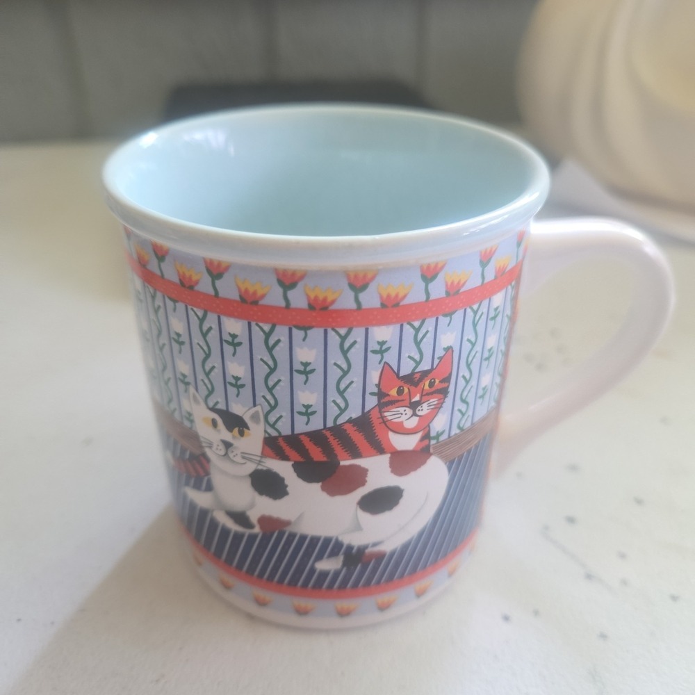 Vtg 1988 Artist Kristen Chiara Cat Mug Coffee Cup Calico Orange Tabby Cats Blue